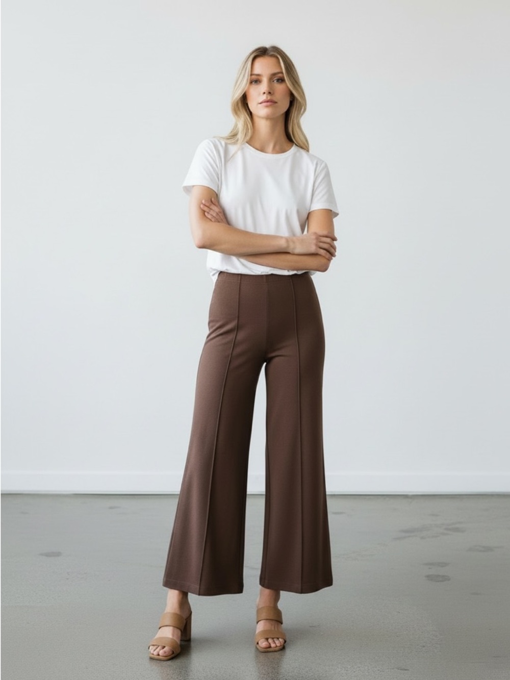 935 • Chocolate Rayon Blend Heavy Ponte High Waist Petite Inseam Wide Leg Pants